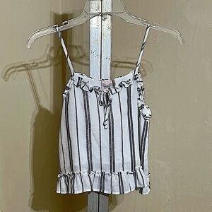 FOR ALL SEASONS BY PAPER CRANE WHITE/NAVY STRIPED RUFFLE BOTTOM CROP TOP SZ MED